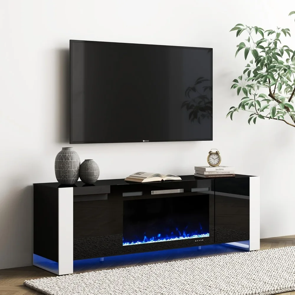 

70 U-Shaped Leg TV Stand with 36 Electric Fireplace, High Gloss Finish Entertainment Center for TVs Up to 80, TV Cons