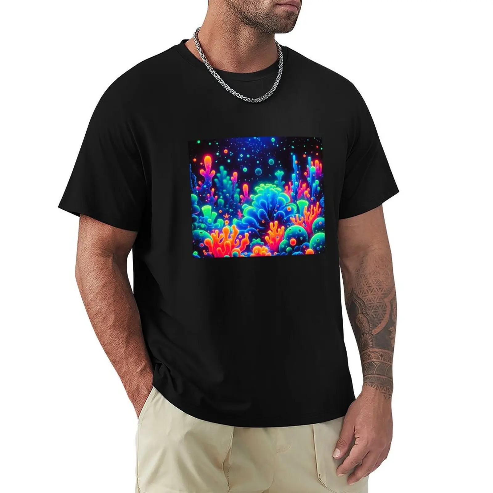 

uv reactive Neon Coral Reef Underwater Scene T-Shirt oversized blue archive Aesthetic clothing t shirts for men