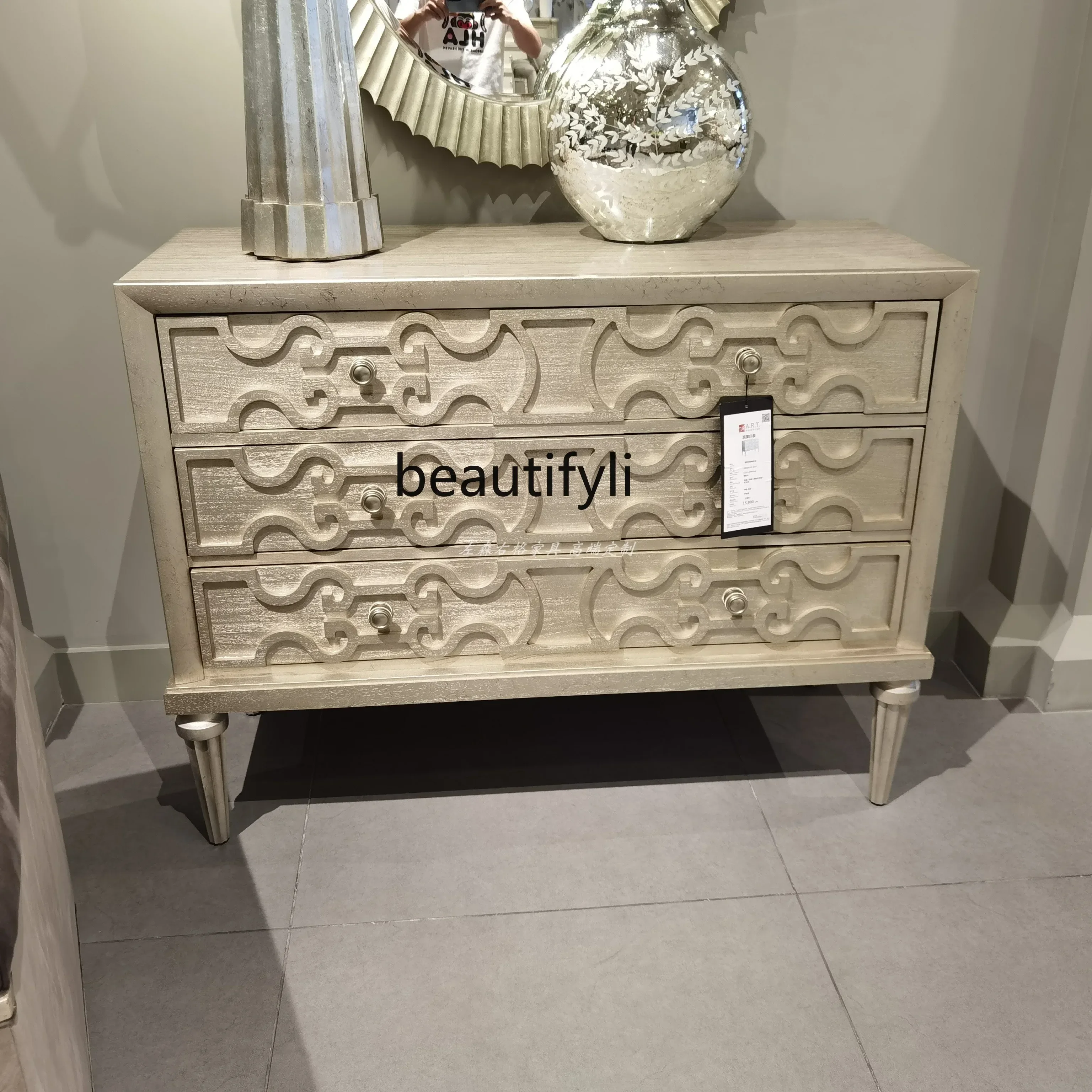 

Impression porch cabinet, American light luxury solid wood carving flower marble dining side cabinet customization