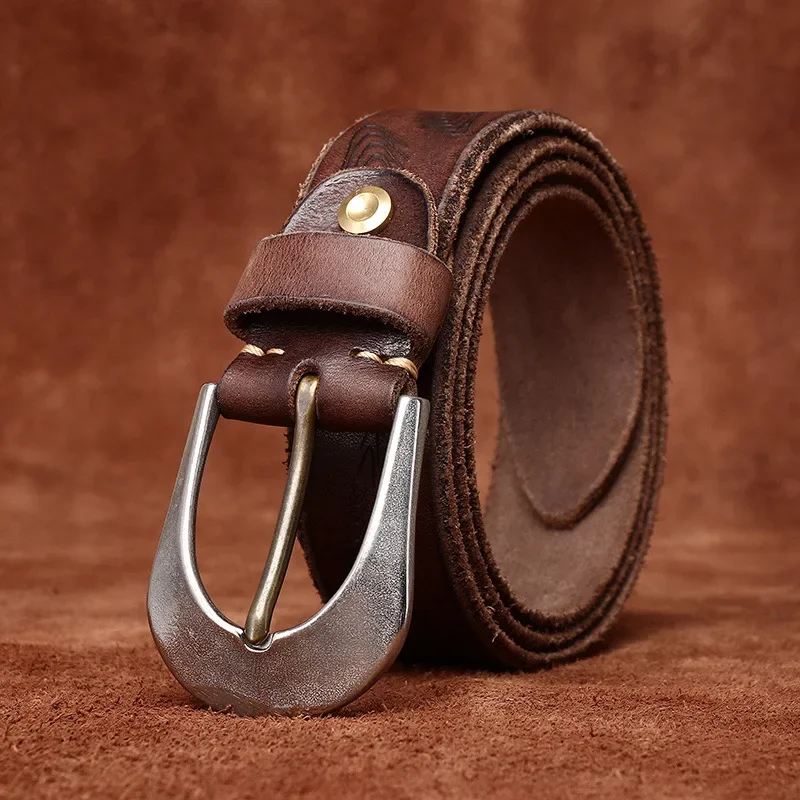 3.8CM Pure Cowhide High Quality Genuine Leather Men's Print Retro Fashion with Jeans Belt