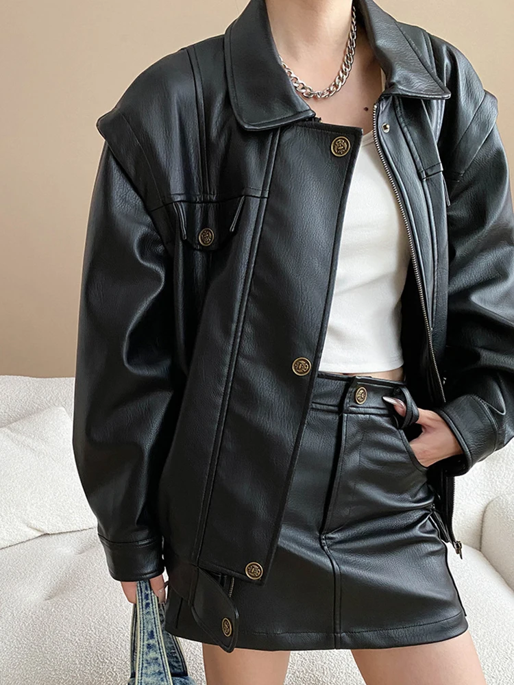 YERMORA Vrouwen Koffie PU Leer Vintage Jas Revers Lange Mouw Twee Delige Set Half Body Rok Mode Tij Lente Herfst 2025