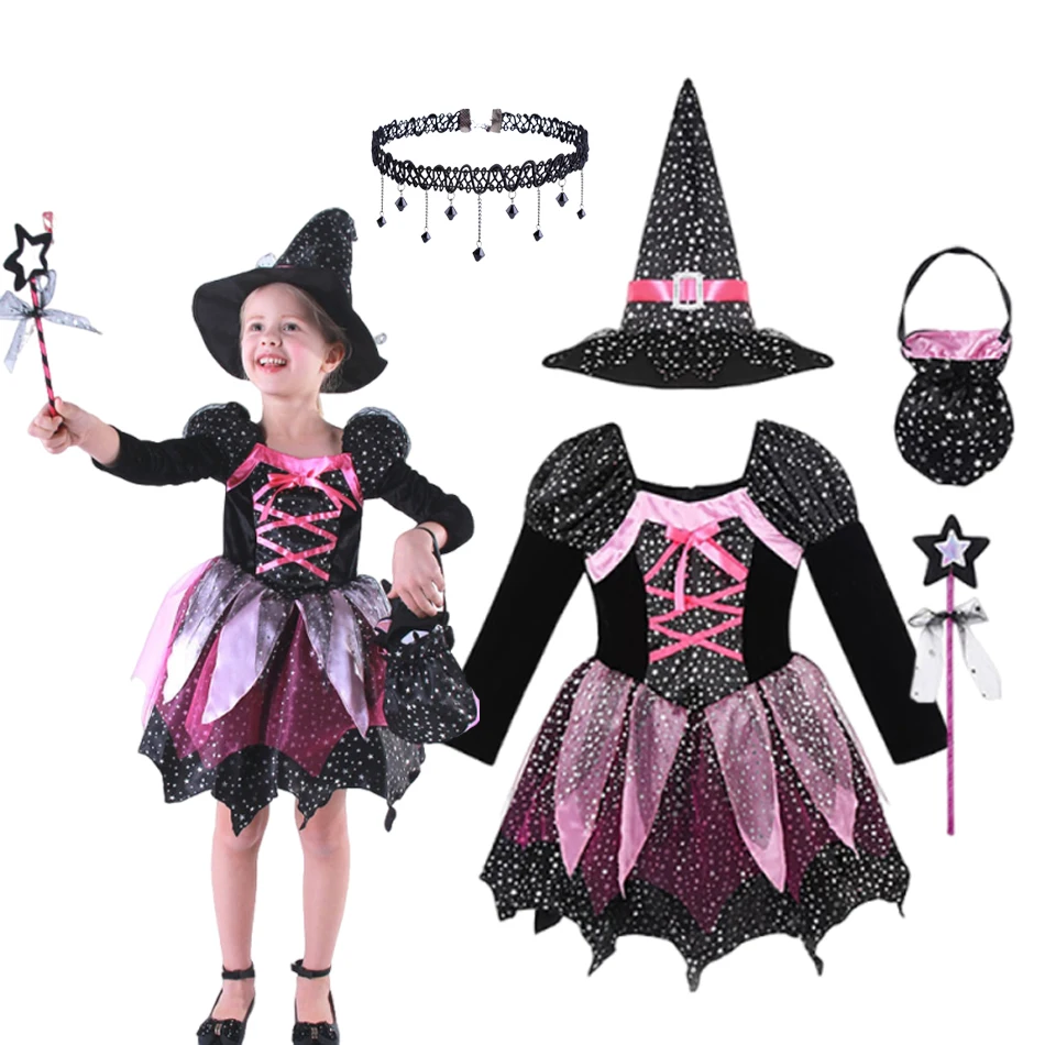 2025 Girls Halloween Cosplay Witch Dress With Hat Bag Costum