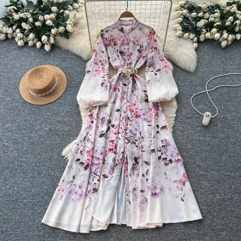 

Элегантное однобортное повседневное платье с длинным рукавом и высокой талией в стиле ретро, женская одежда, церемониальные платья