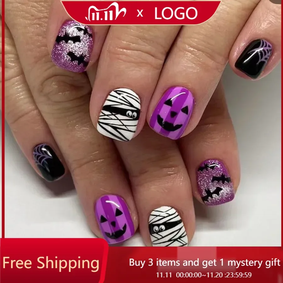 24pcs Halloween Nail Wraps Glossy Finish Featuring Cute Ghosts Bats Spider Webs and Glitter Accents for Spooky Festive Manicure