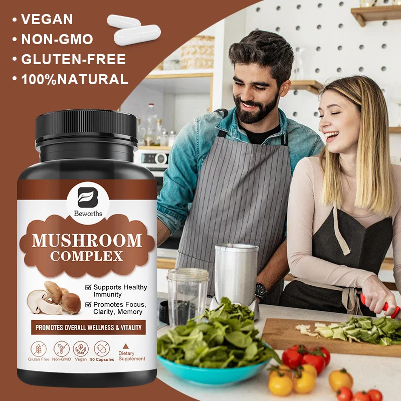 BEWORTHS Chaga,Reishi and Lion\'s Mane Mushroom Complex Capsules for Focus and Memory Health Relief Stress Dietary Supplement 