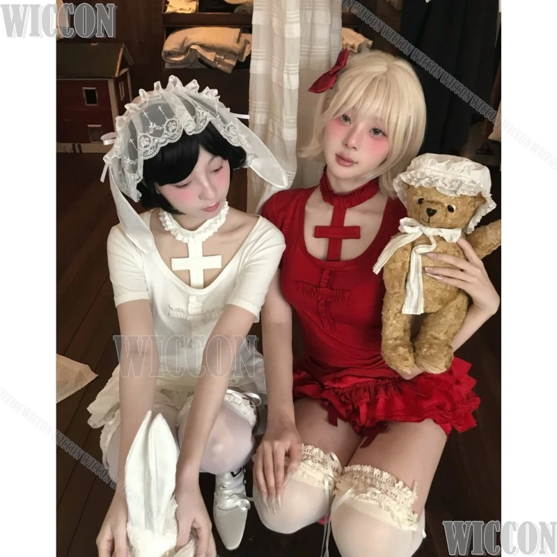 الأرنب الأرنب جيراي كي فتاة تأثيري حلي القوطية البدلة الرقبة التفاف تي شيرت كعكة تنورة اليقطين السراويل هالوين الزي Y2K الملابس