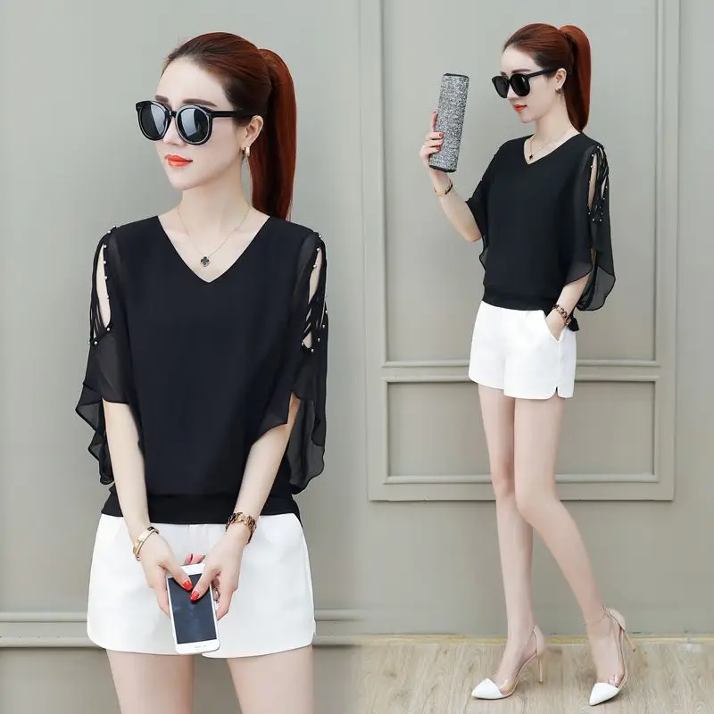 2022 New Women's Short Sleeve Chiffon Blouse - Fashion Double V-Neck Batwing Hem Off Shoulder Shirt (Hide Tummy)