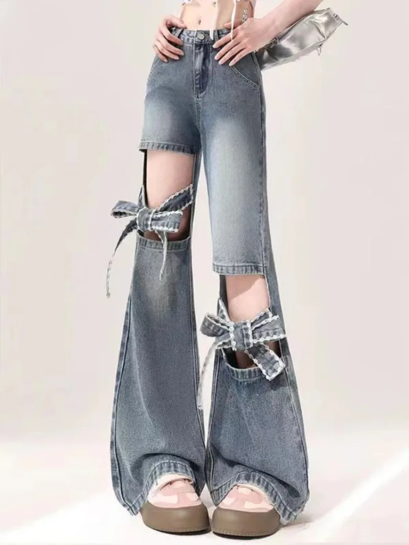 Aesthetic Y2k Hollow Out Bowknot Wide Leg Jeans Women High Waist Slim Fashion Denim Trousers Vintage Ripped Cargo Pants