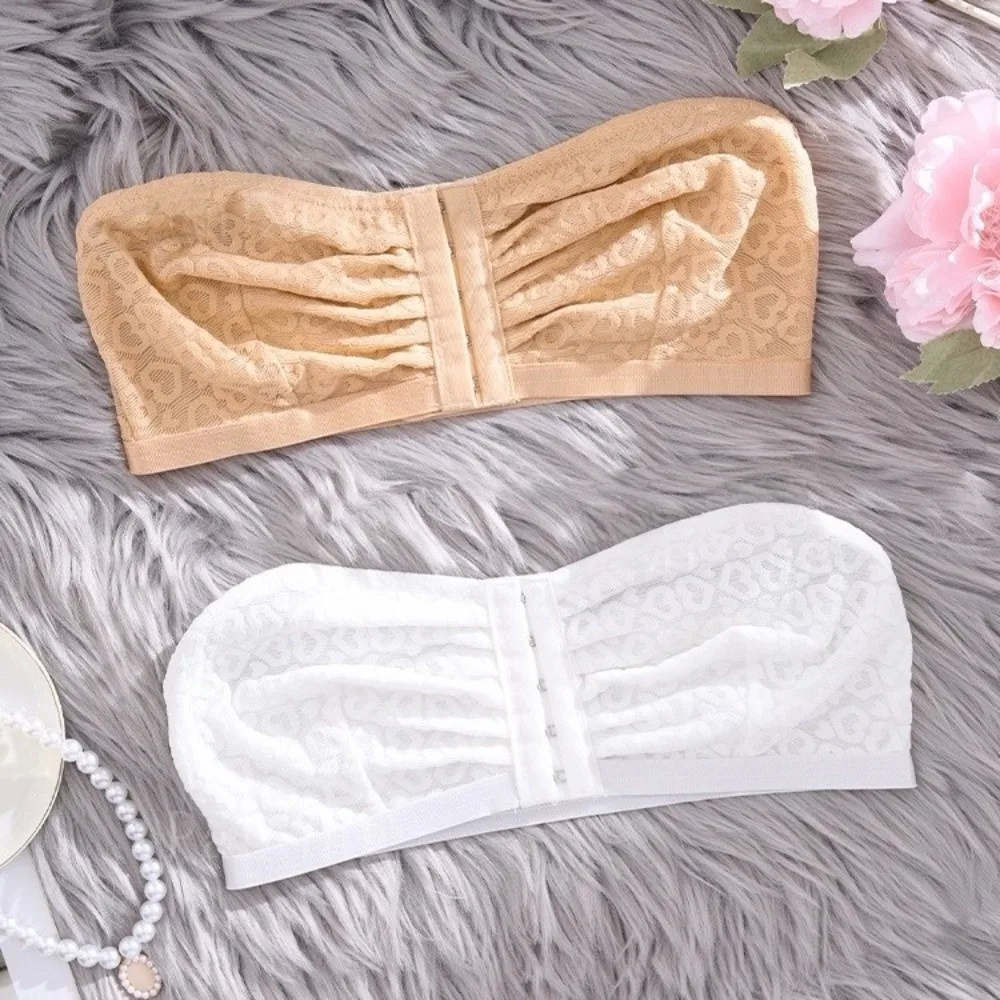 Trägerloses Oberteil mit Falten vorne und Knopf, rutschfest, eng anliegend, Spitzen-Herz-Röhrenoberteil, kabellose Unterwäsche, trägerloser, unsichtbarer BH, Party