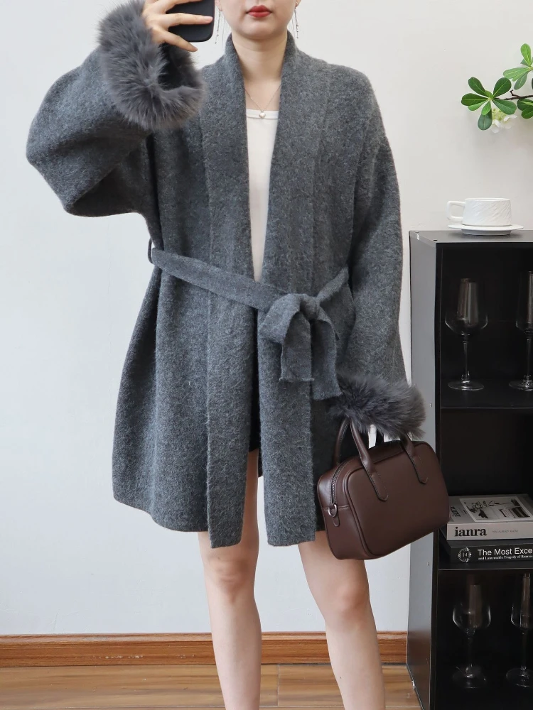 두꺼운 니트 코트 고품질 울 소매 스플라이스 레이스업 가디건 2025 가을 겨울 한국 우아한 스웨터 재킷 여성용