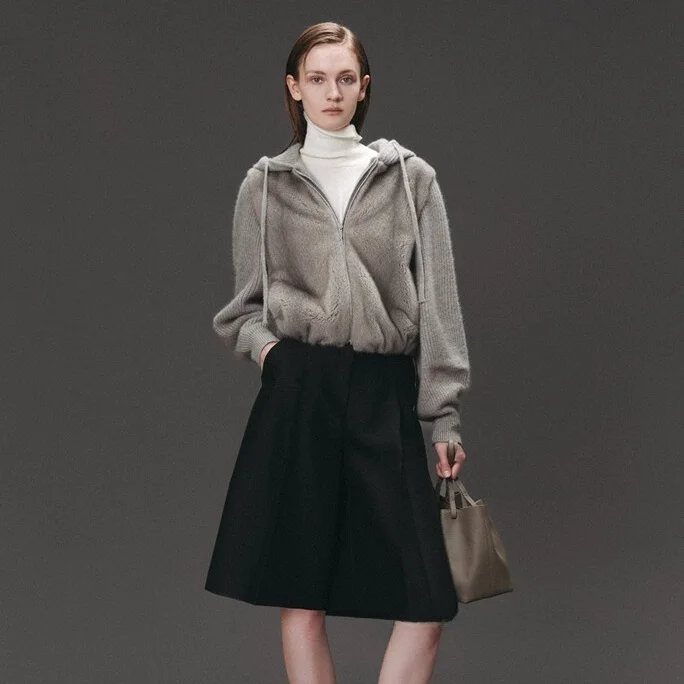 Knitted Patchwork Fur Coat with Hat And Adjustable Drawstring Commute Versatile Top Outerwear Women's Fashion Autumn Winter Coat