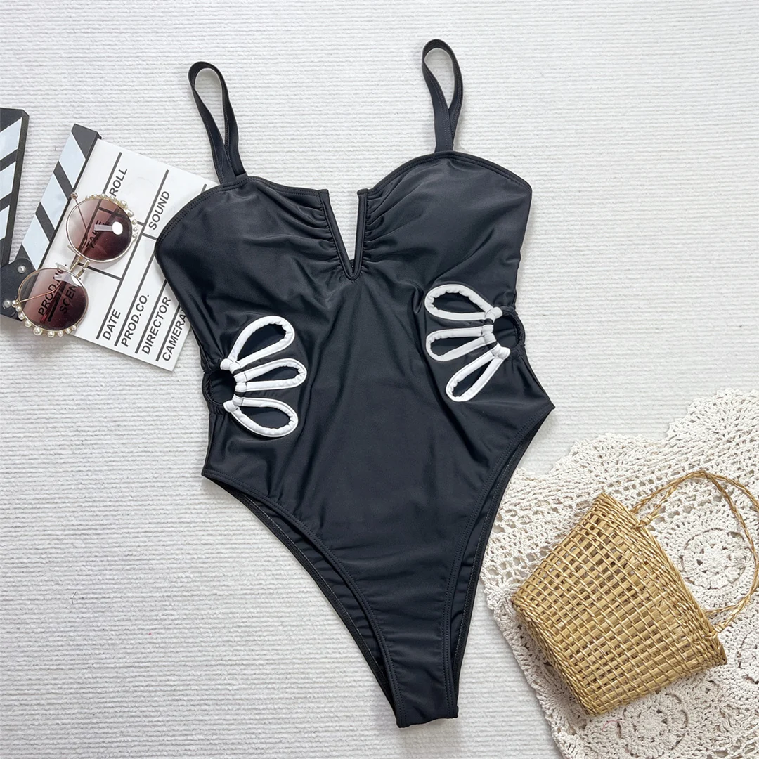 Neuer, sexy Badeanzug mit hohem Beinausschnitt und V-förmigem Ausschnitt, einteiliger Badeanzug für Damen, Monokini mit Polsterung, Badebekleidung, Badeanzug, Modell V6054. – Detail 13
