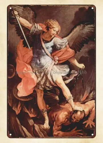 1635 GUIDO RENI. Archangel Saint Michael defeating Satan metal tin sign art work