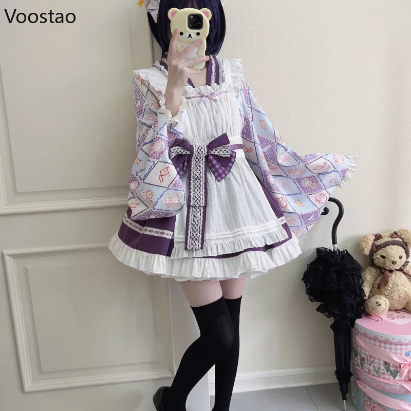 Japanese Sweet Lolita Kimono Dress Women Kawaii Cartoon Print Bow Apron Maid Cosplay Costumes Girls Vintage Animation Show Dress