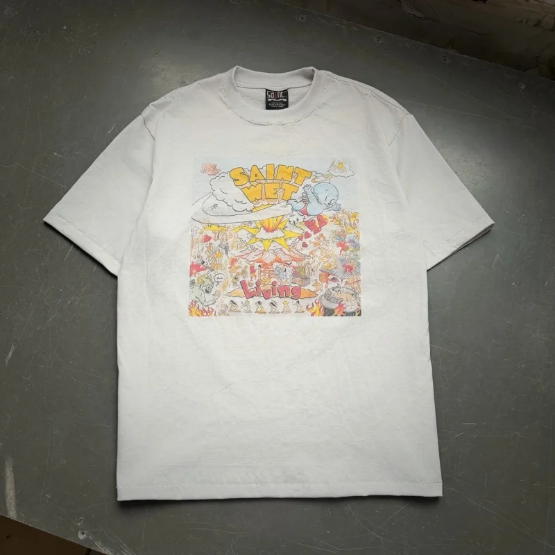 SAINT Retro Cartoon Print Summer Men's & Women's Loose-fit Cotton Premium Short-sleeved T-shirt