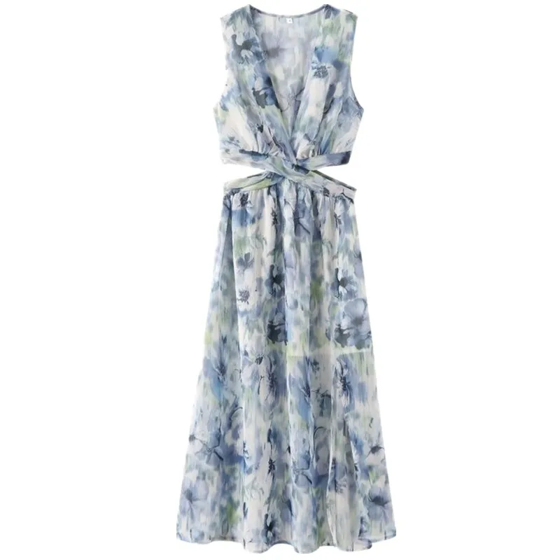 2024年夏 レディース デザインセンス オープンメタルカラー ラインプリント ノースリーブ Vネック エレガントスタイル ワンピース ファッションドレス