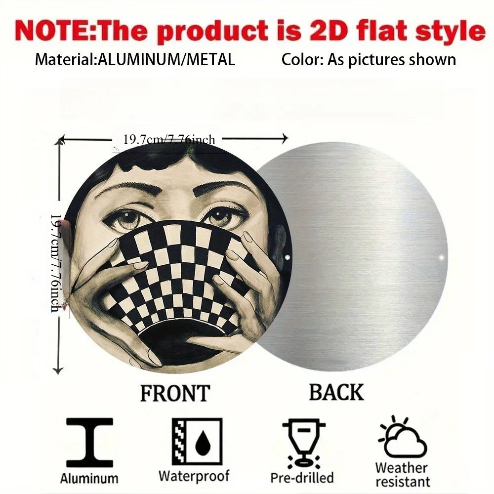 2D Flat, Round Black & White Checkered Wall Decor Suitable for Indoor/Outdoor - Retro Venice Carnival Metal Sign