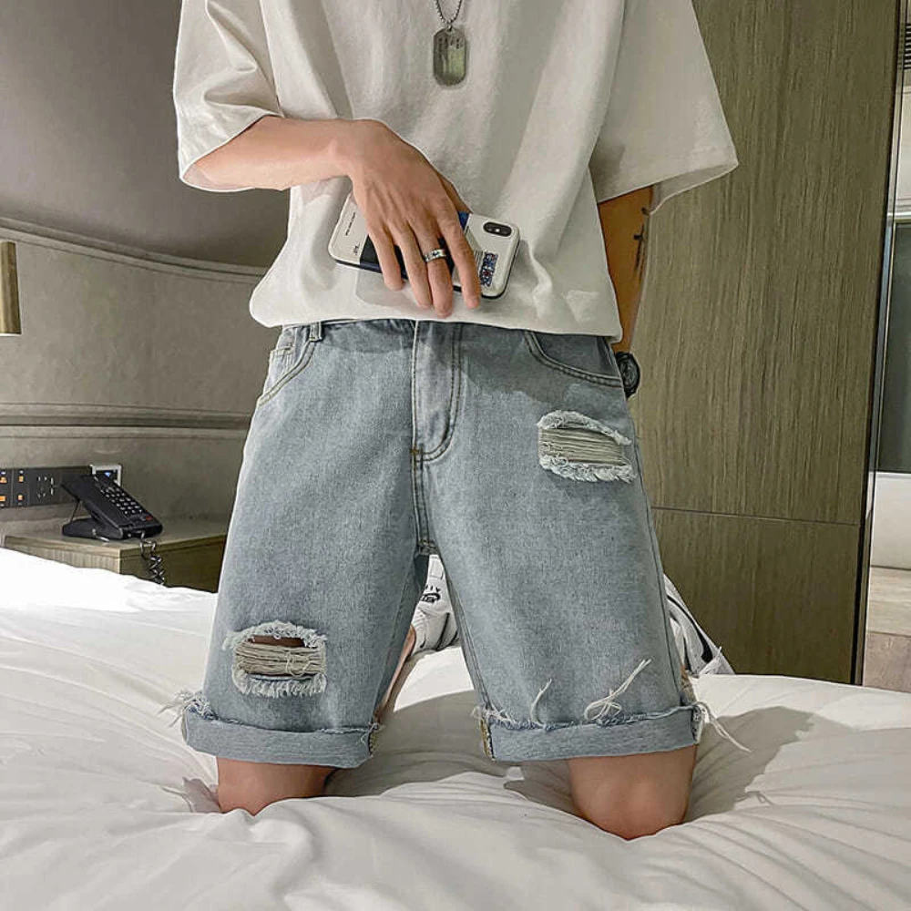 2022 verão novo dos homens estiramento jeans curto rasgado moda casual fino ajuste de alta qualidade elástico denim shorts masculino afligido jeans