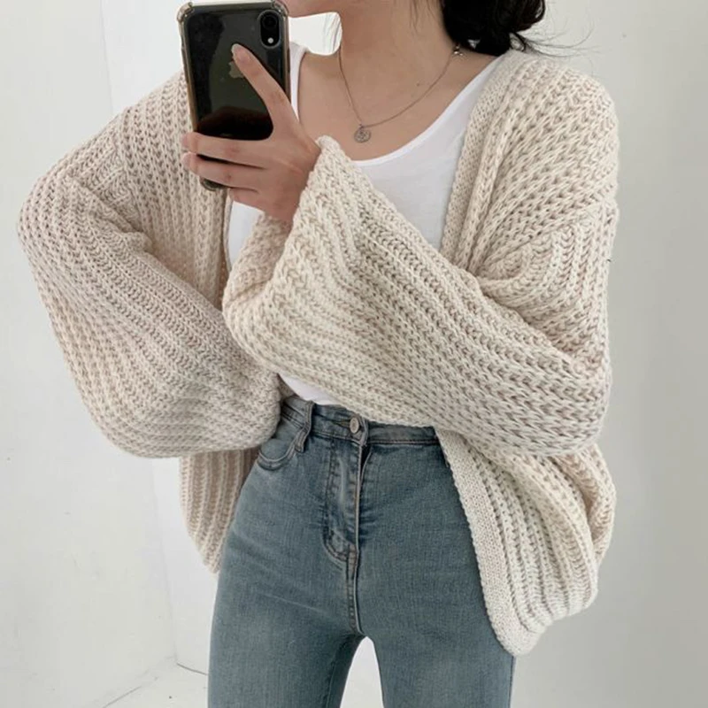 Y2k Vintage Lantern Sleeve Women Cardigan Sweater Casual Korean Fashion Fall Streetwear Top Harajuku Coat Chic Lazy Wind Sweater