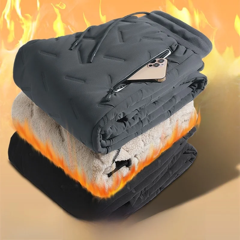 Men's Loose Fit Lamb Fur Lined Waterproof Windproof Winter Work Trousers Straight Leg Sports Pants Casual Youth Faion