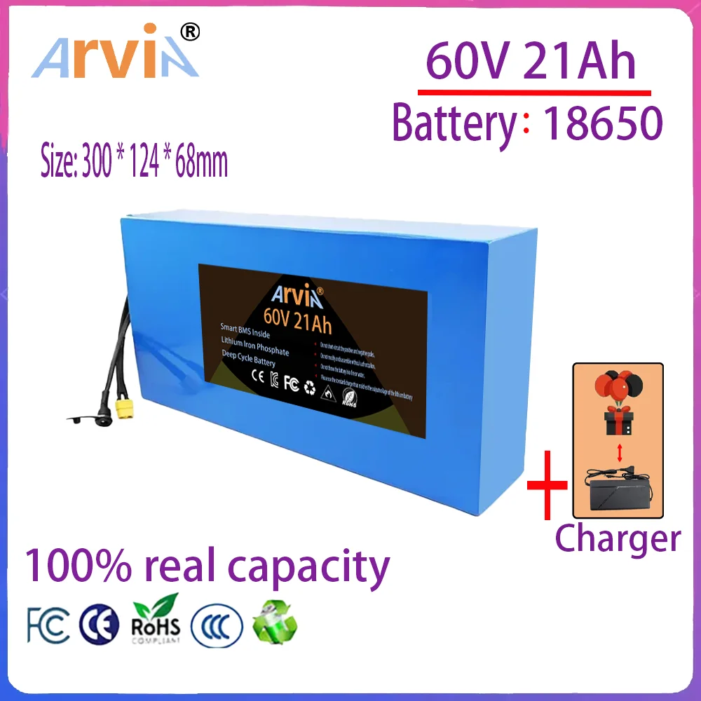 

16S6P 60V 21Ah 18650 Lithium Ion Battery Pack 2400W Power Tool Batteries Outdoor Backup Batteries With 40A BMS+67.2V charger