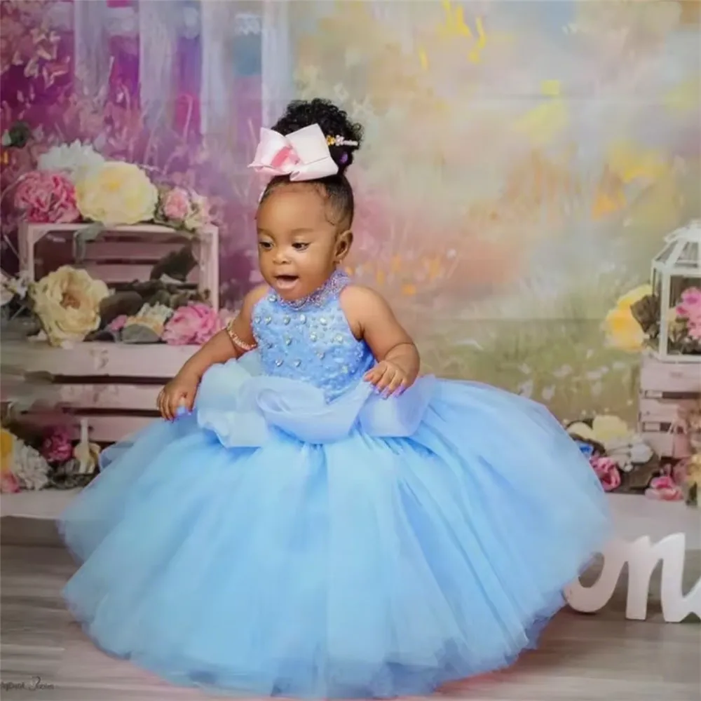 

Cute Blue Flower Girl Wedding Dress Sleeveless Beaded Elegant Girl Kids Birthday Party First Holy Communion Gown Customized