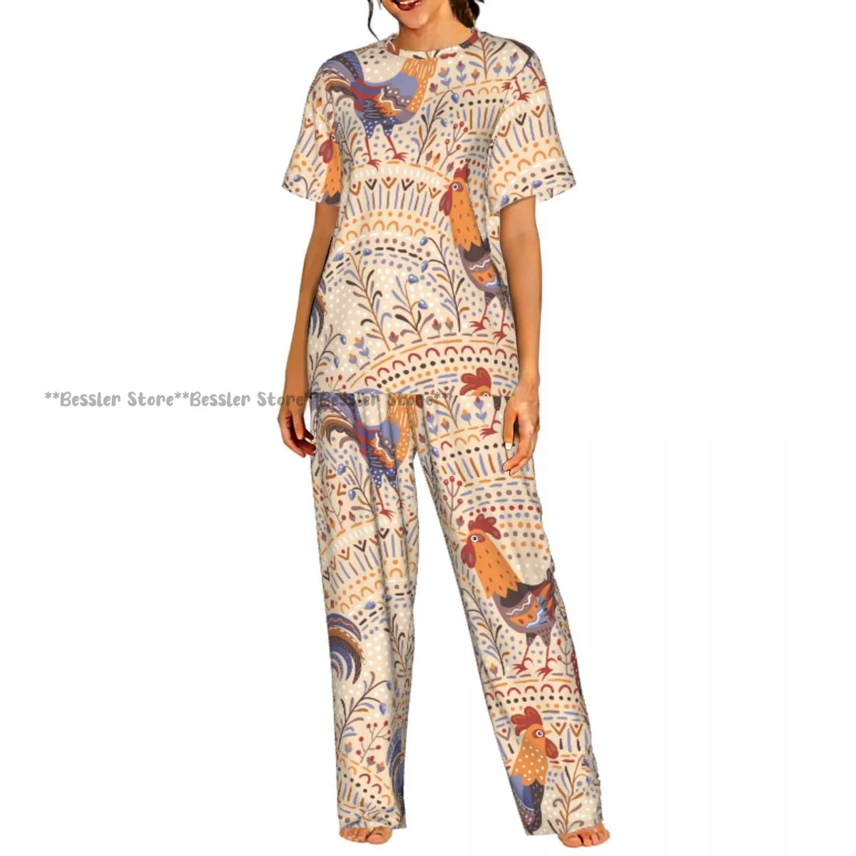 

Women's Comfort Pajamas Women's Cute Beige Roosters Short Sleeve Set Sleepwear