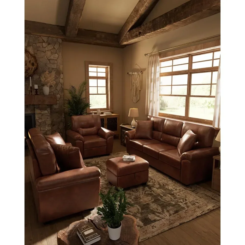 

4 Piece Living Room Set,Upholstered Sleeper Sofa with 4 Accent Pillows Faux Leather Sofa Set with Storage Ottoman Bench