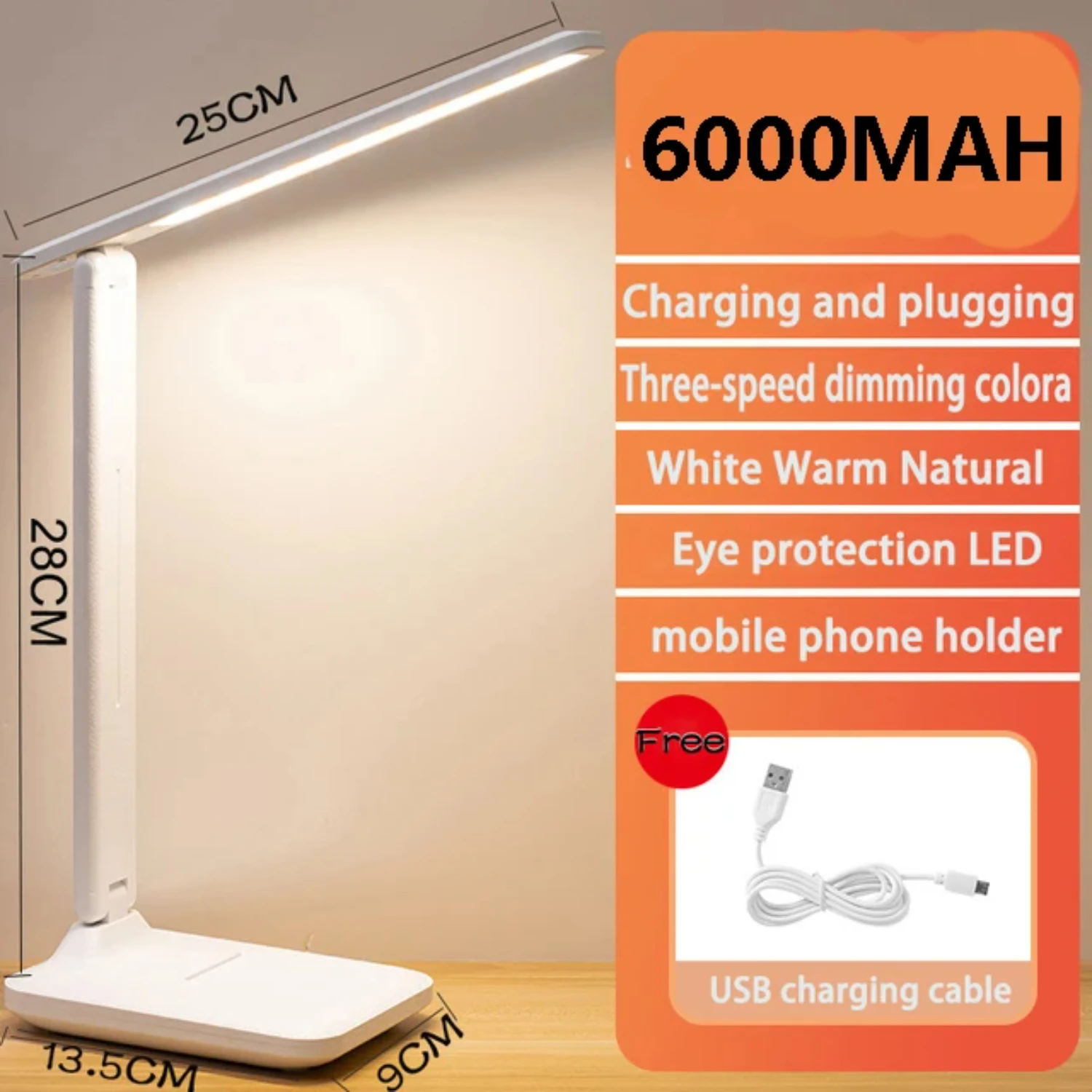 6000mAh Chargeable LED Table Lamp USB 3 Color Stepless Dimmable Desk Lamp  Foldable Eye Protection Reading Night Light