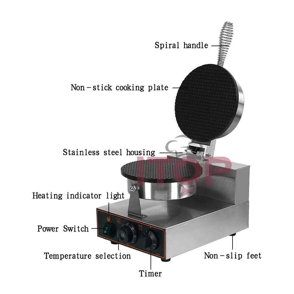 ITOP Ice Cream Cone Maker Dia 21cm Commercial Durable Nonstick Egg Roll Crepe Pan for Restaurant Bakeries 1300W