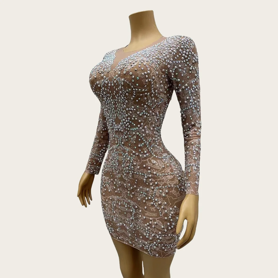 Tenghuafeiniao Krótka Sukienka z Błyszczącymi Cyrkoniami i Perłami na Festiwal, Imprezę, Siateczkowa Sukienka Wieczorowa, Seksowna Sukienka na Bal Maturalny, Couture