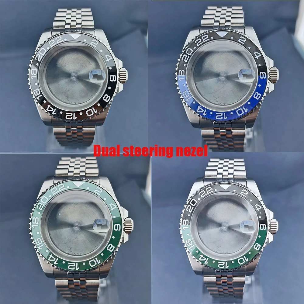 40mm dual steering GMT Silver watch case Stainless steel sapphire glass transparent back cover Silver Jubilee steel strap