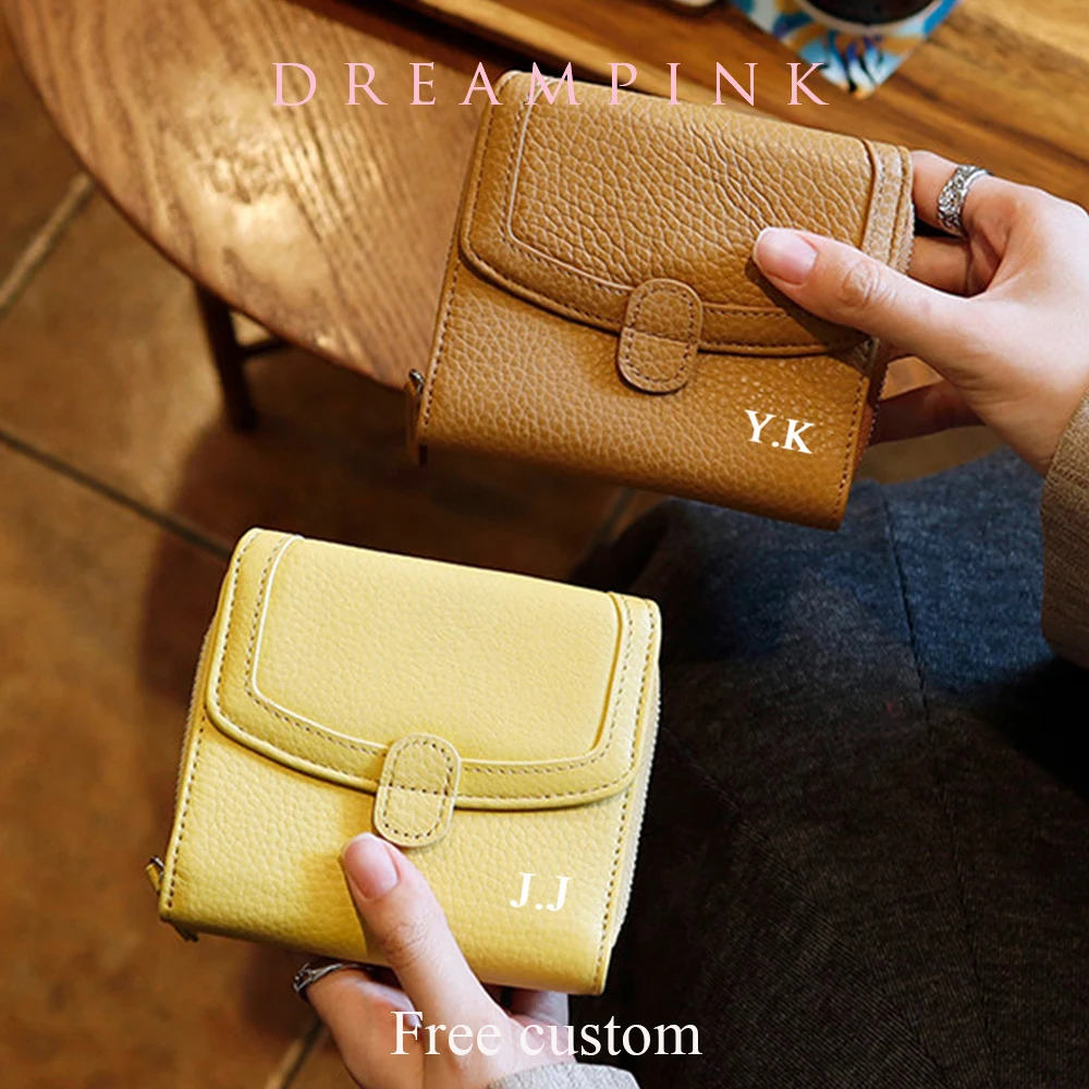 Personalize Name Genuine Leather Women Wallet Large Capacity Female Visit Card Holder Luxury Coin Money Purse With Zip Pocket