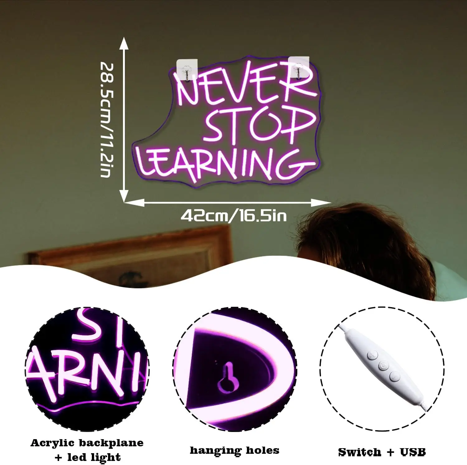 Looklight Never Stop Learning Neon Sign Purple LED Wall Decor USB Light Up Signs for Home Offices Study Rooms Classrooms Librari