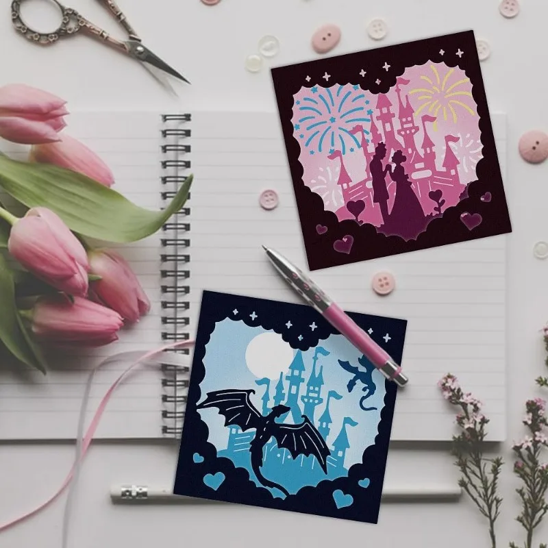 3pcs Layered Fairy Tale Castle Cutting Dies for Card Making Couple and Dragon Metal Die Cuts Cutting Dies Template DIY
