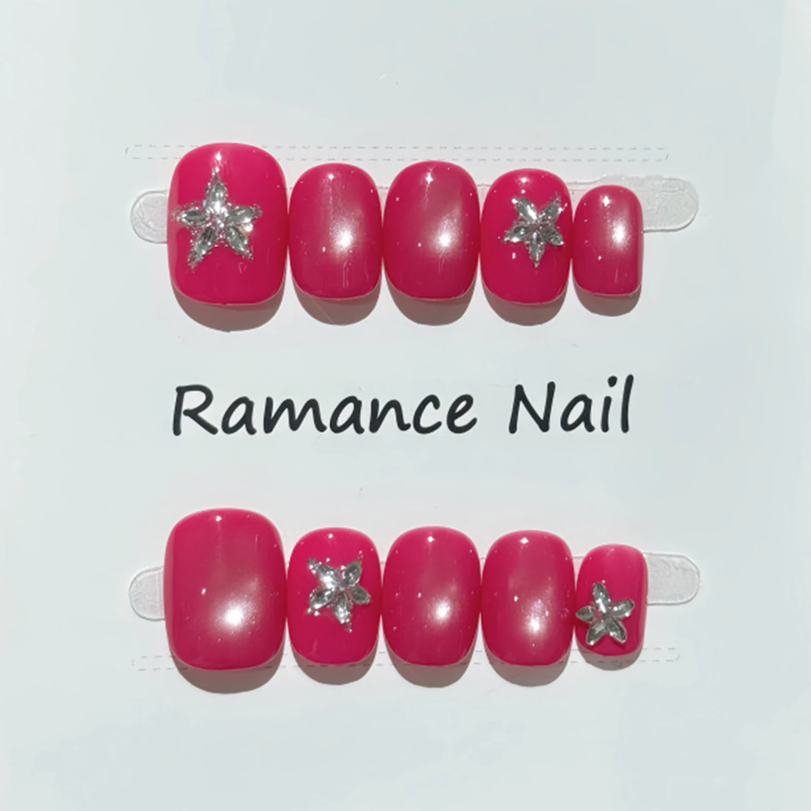 

10 шт. накладных ногтей ручной работы с кристаллами и звездами, розовые, короткие, акриловые, для девушек в стиле Y2K, полное покрытие, самоклеящиеся, искусственные ногти