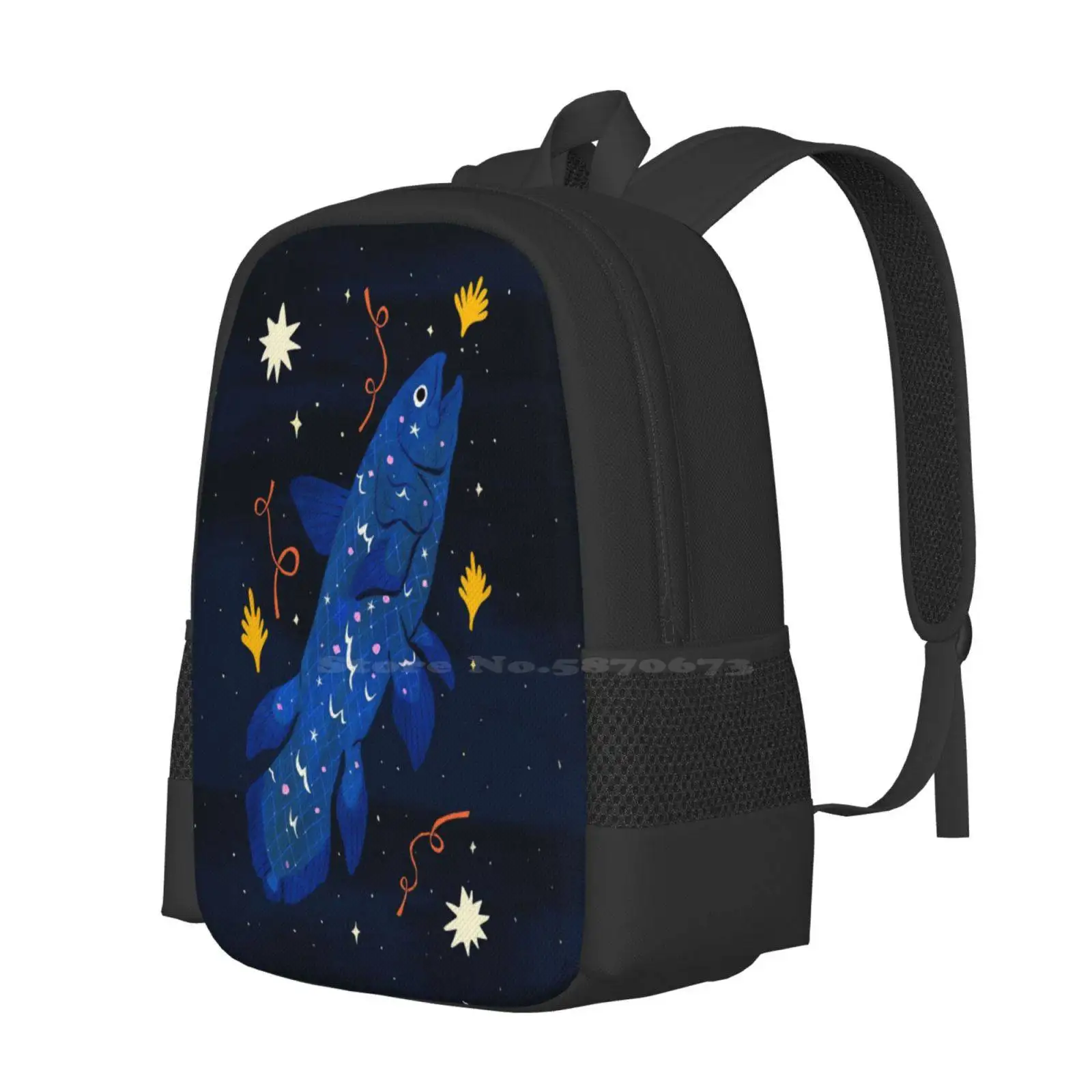 Bolsa de diseño con patrón de coelacanto estrellado, mochila para estudiantes, coelacanto estrellado, biología marina, estrellas, vida en el océano, peces, animales marinos