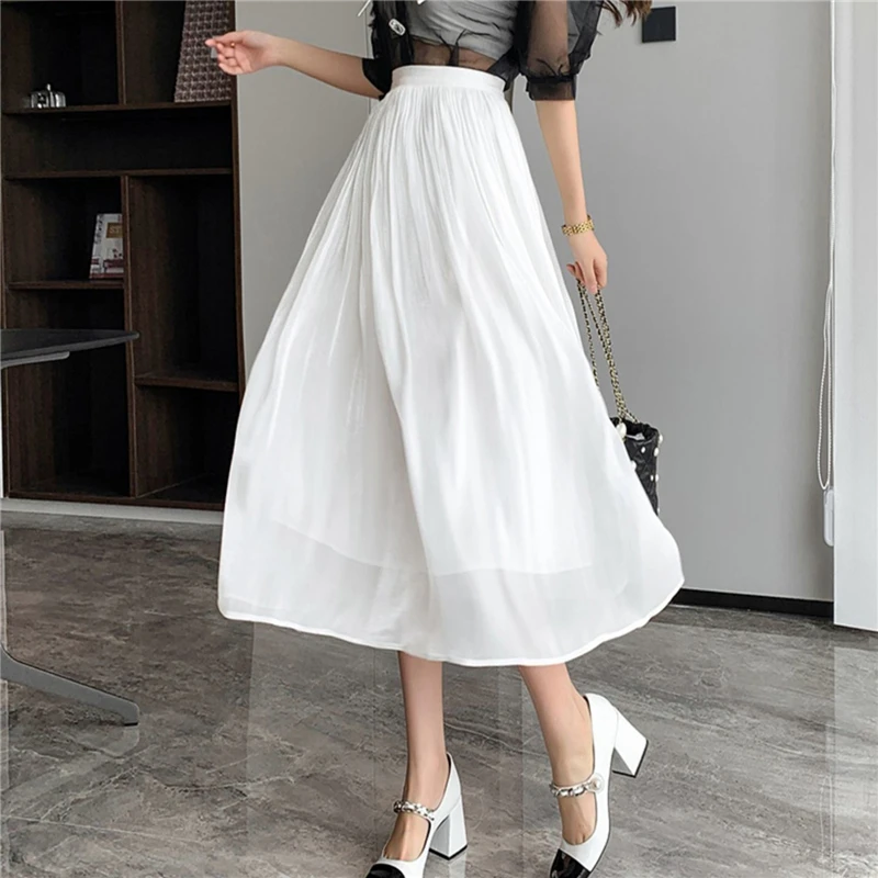 Women High Quality Bright Silk High Waist Pleated Elegant Large Swing Skirts 2023 Summer Fashion Solid Long A Line Skirt Faldas