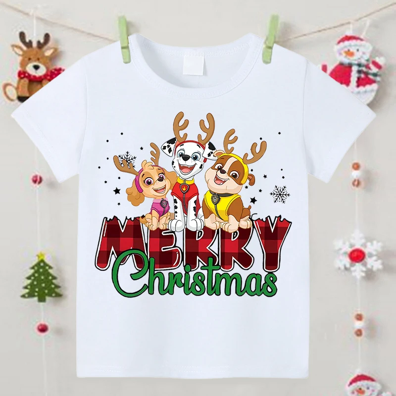 Paw Patrol Christmas T-shirt Children Anime Cartoon Cute Short Sleeved Top Boys Girls Fashion Xmas Clothes Kids New Year Gifts