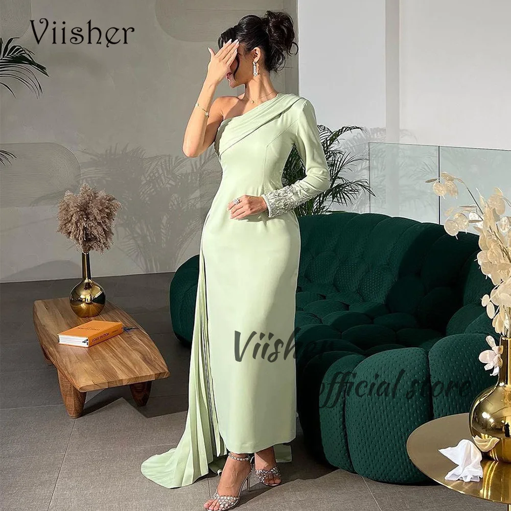 Viisher Green Mermaid Evening Dresses One Shoulder Beads Satin Elegant Arabic Dubai Prom Dress with Train Formal Party Gowns