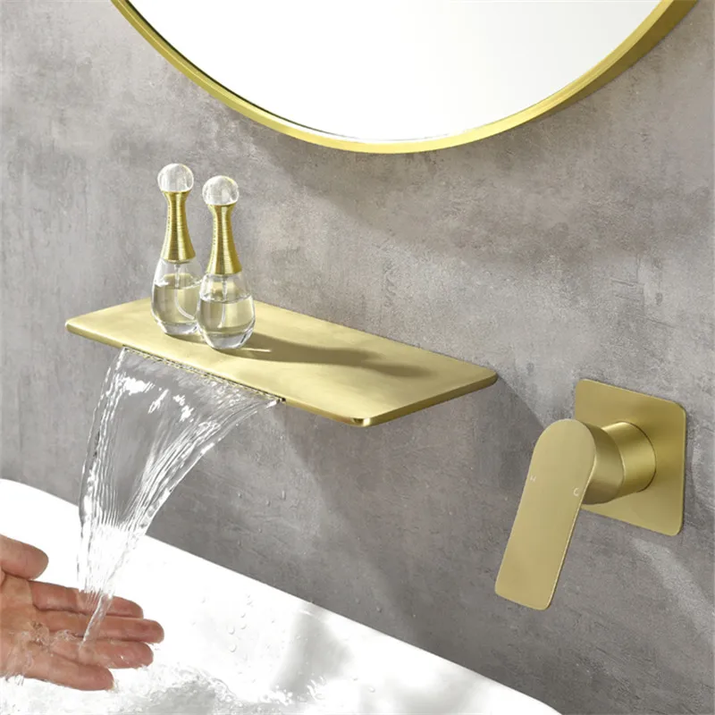 

Basin Mixer Faucets Brass Bathroom Sink Taps Wall Mounted Brushed Gold Hot & Cold Single Handle Black/Gun Grey Shelf Waterfall