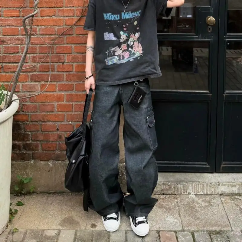 Men's Multi Pocket Design Black Jeans Boys Bottom High Waist Unisex Trousers Street Casual Pants Male Wide Legs Sweatpants
