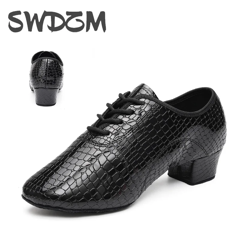 SWDZM New Style   Latin Dance Shoes Men's Tango Samba Lace-Up Large Size Dance Shoes Professional Soft-Soled Square Heel