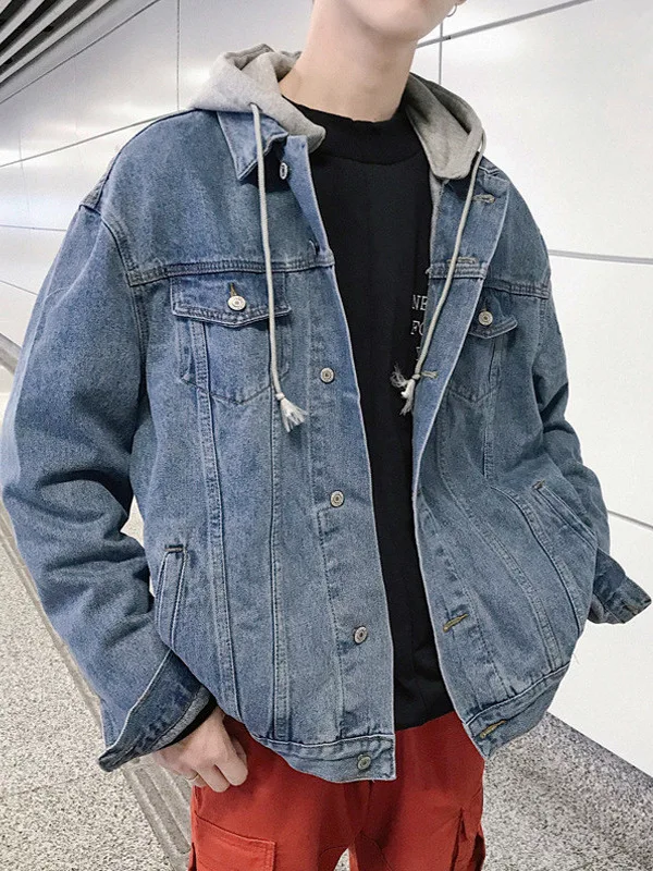 

Модная свободная мужская джинсовая куртка в Корейском стиле, весенне-осенняя повседневная верхняя одежда с капюшоном и смесью хлопка и полиэстера