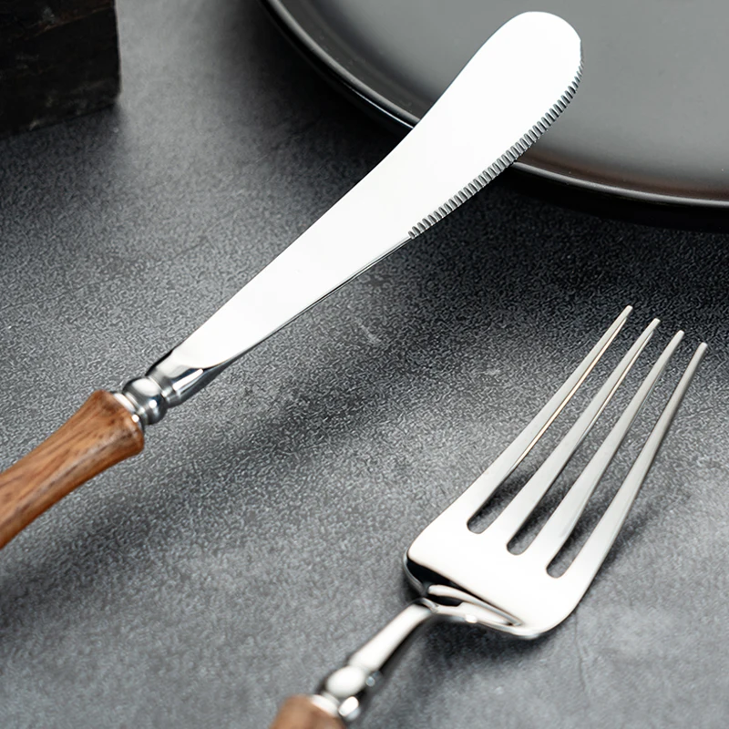 Wooden Handle Cutlery Set Stainless Steel Dinnerware Fork Knife Coffee Spoon Tableware Set Western Flatware Set Dishwasher Safe