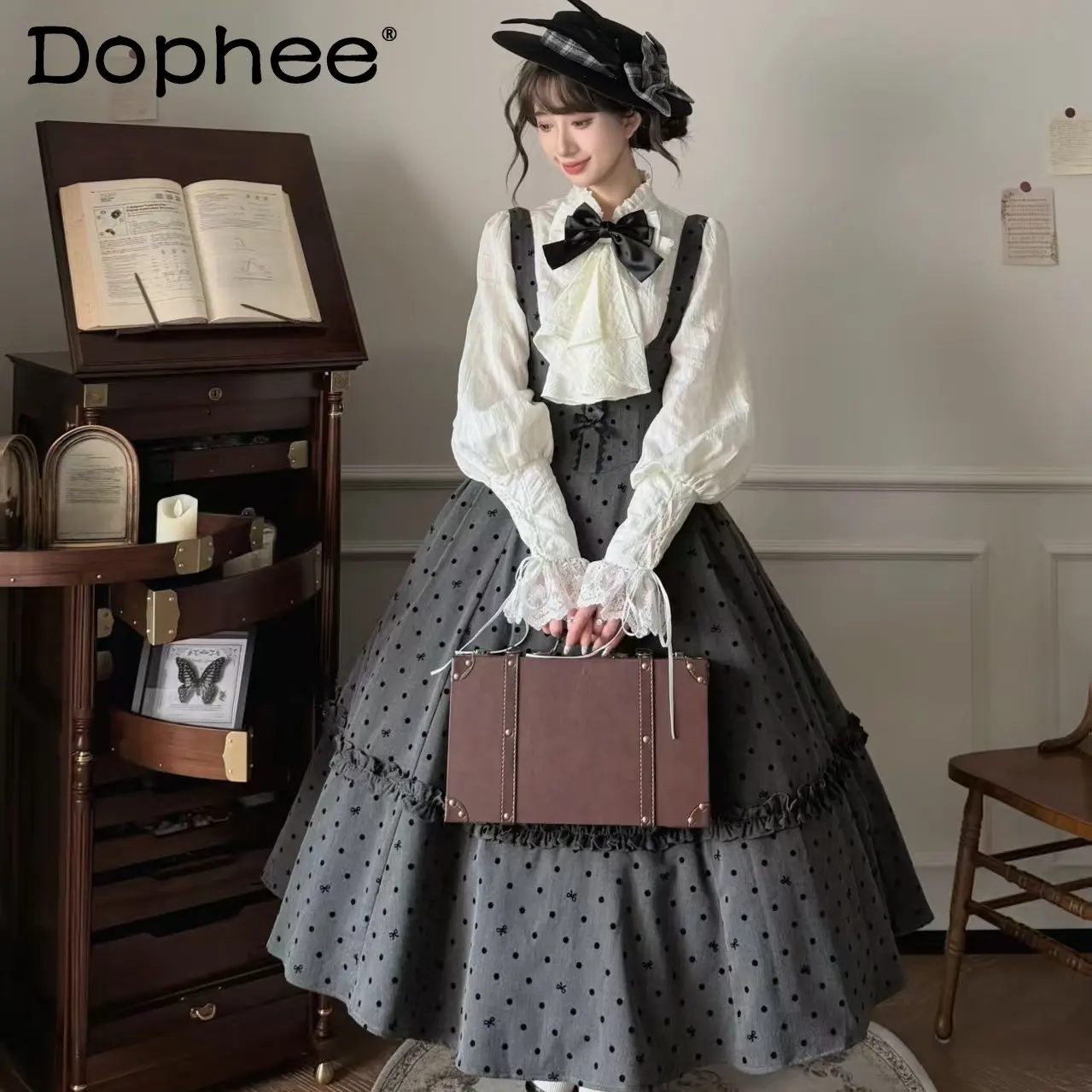 

French Classical Japanese Original Lolita Suit Elegant Lady CLA High Waist Polka Dot Strap Skirt Long Sleeve Shirt Two-piece Set