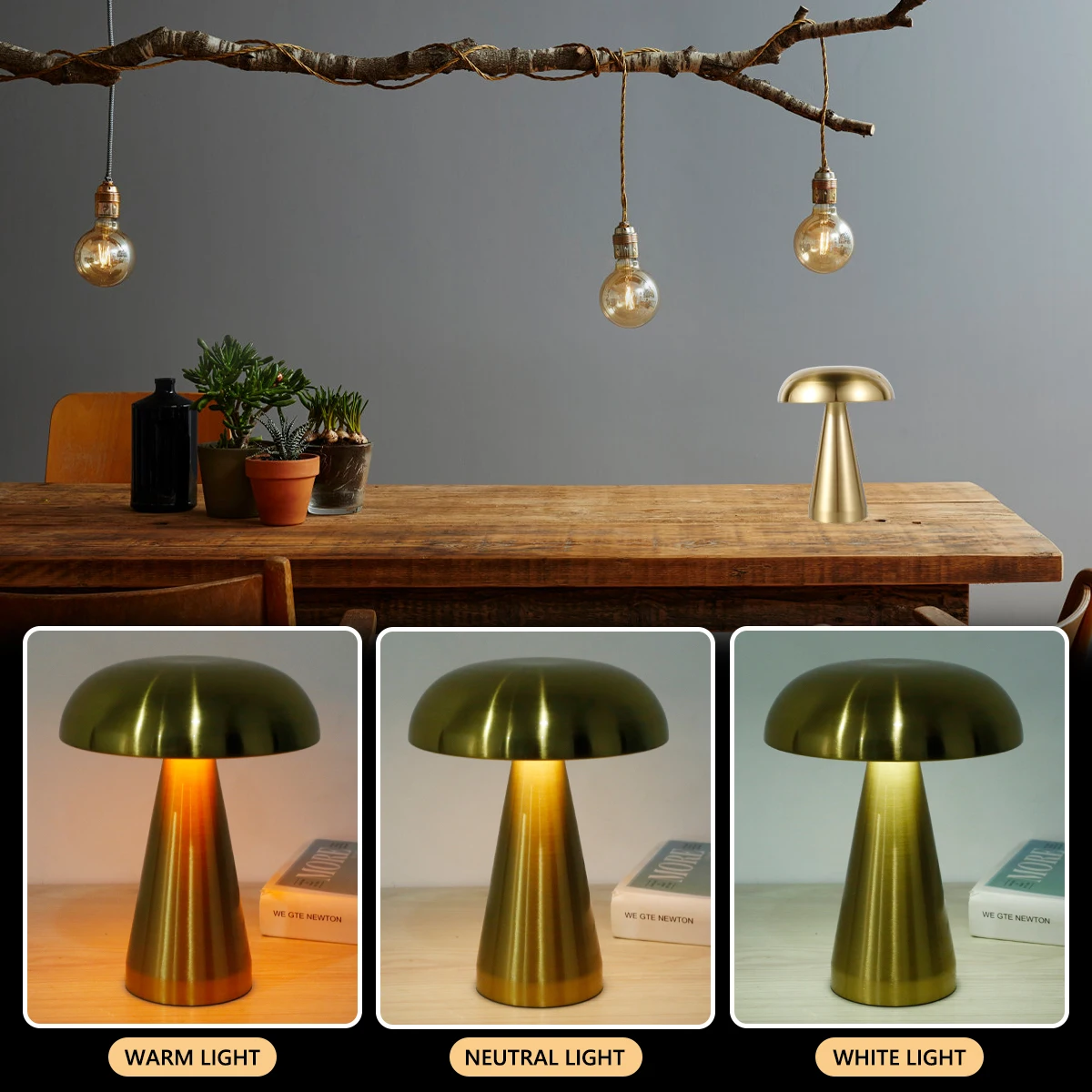 LED Desk Light Mushroom Table Lamp Portable Cordless USB Rechargeable Touch Control Night Light with 3 Color Dimming for Bedroom