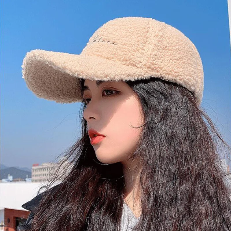 New Lamb Wool Baseball Cap Letter Embroidery Women Sun Hat Lady Girls Outdoor Warm Winter Spring Plush Caps