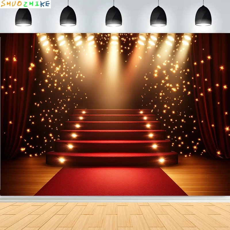 

Red Carpet Stage Shining Spotlights Photography Backdrops Stair Lighting Bollywood Golden Regal Awards Photo Background WT-03