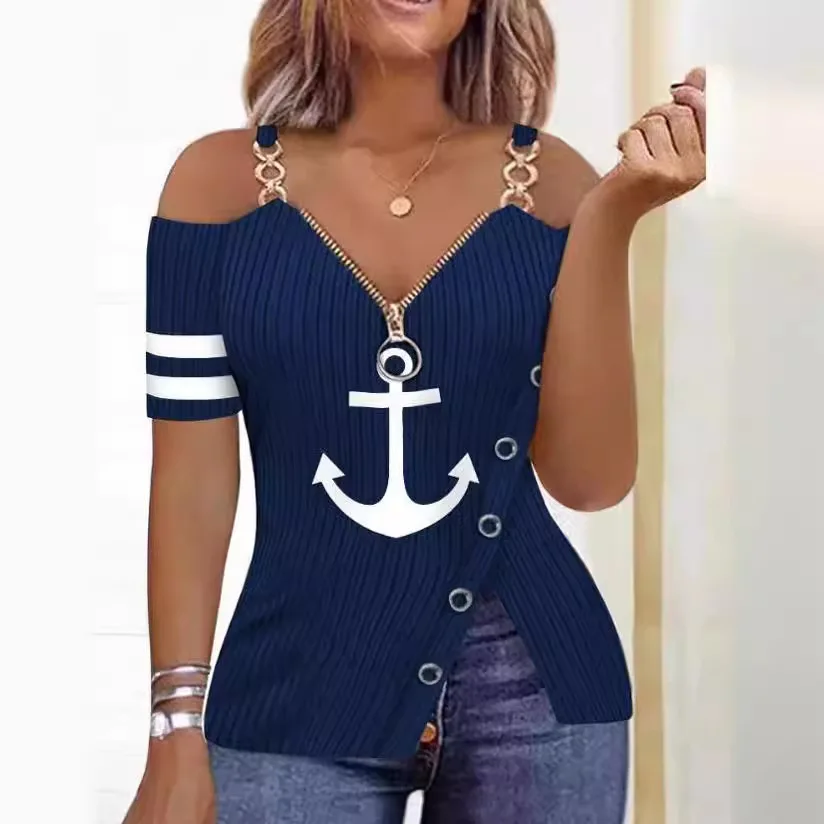 2026 Spring/Summer New Women's Sexy Top Anchor Pattern Strap Zipper Printed V-neck T-shirt